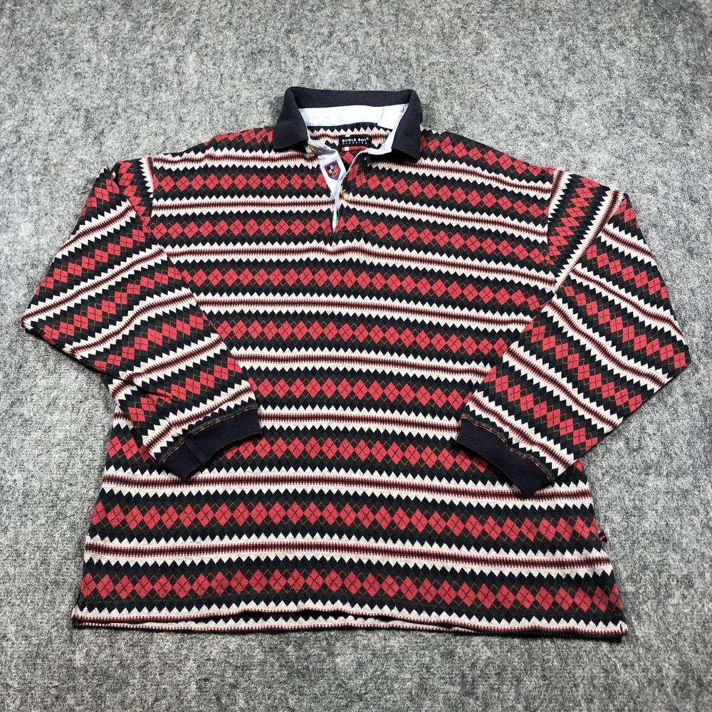 Vintage Bugle Boy Classics Mens M Red Argyle Long Sleeve Rugby Cotton Polo Shirt